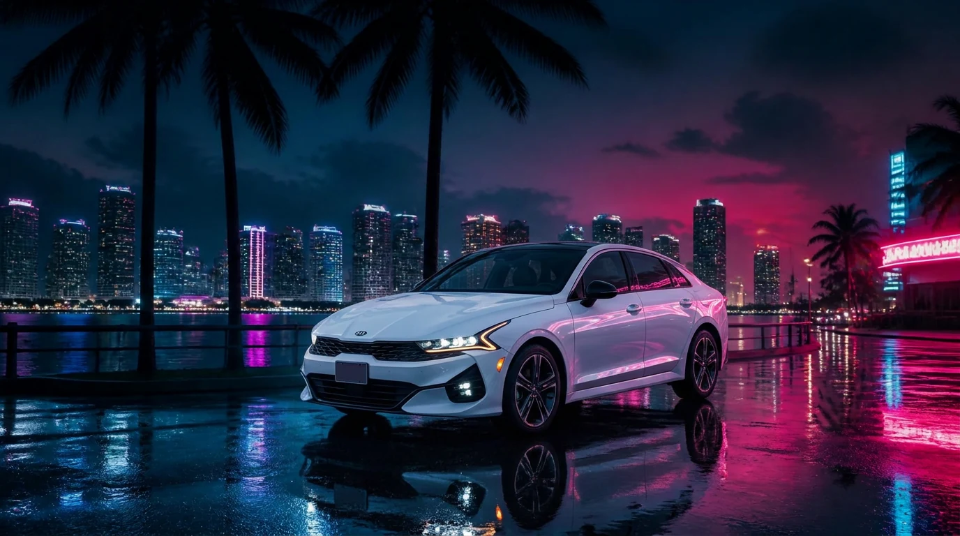White Kia K5 on a Miami waterfront at night with neon skyline