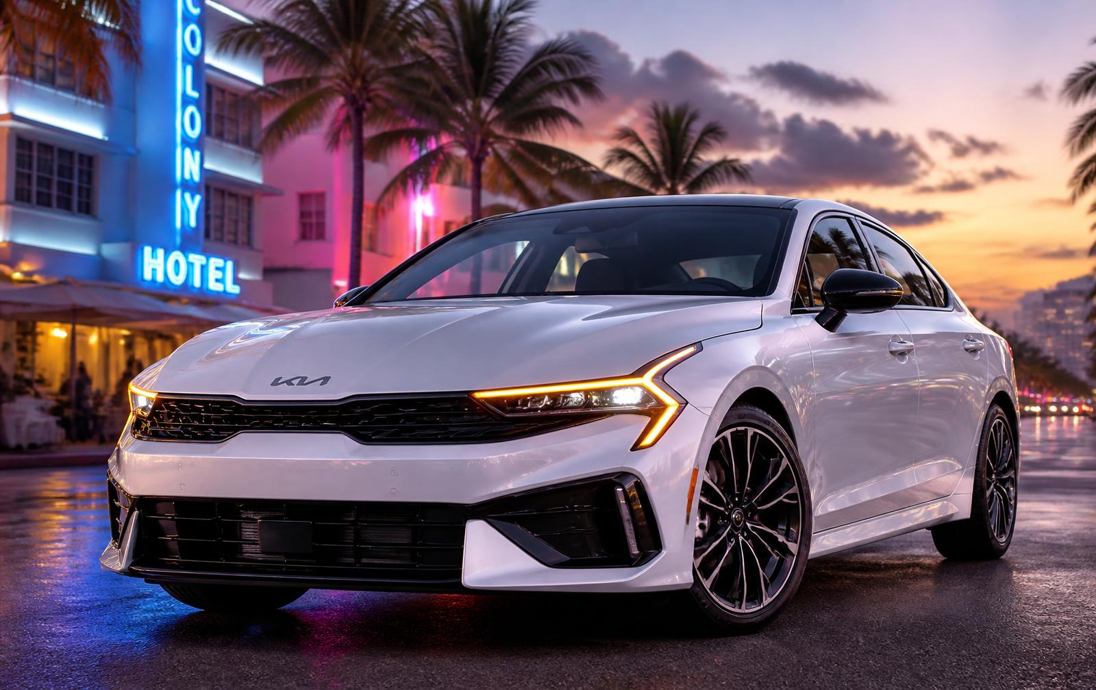 2024 Kia K5 — white premium sedan available for rent in Miami
